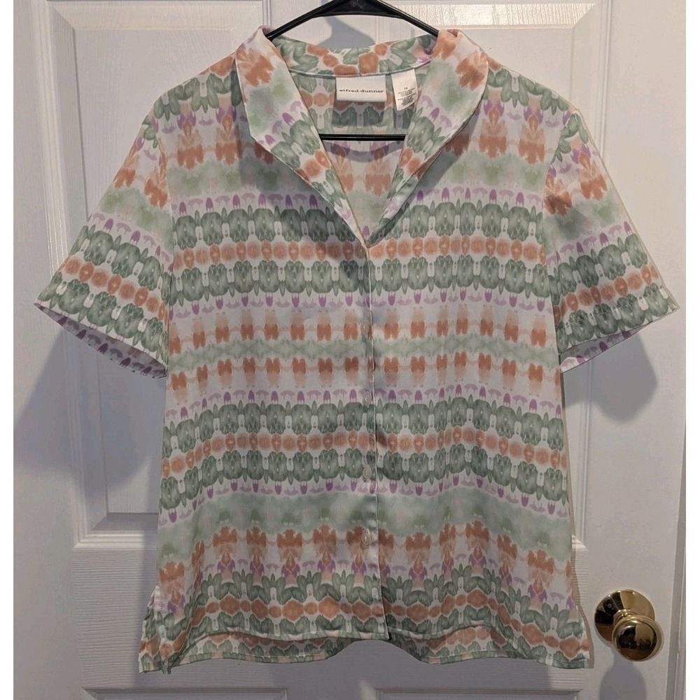 VTG Coastal Cottagecore Pastel Ikat Blouse Alfred Dunner Button Front Top 10